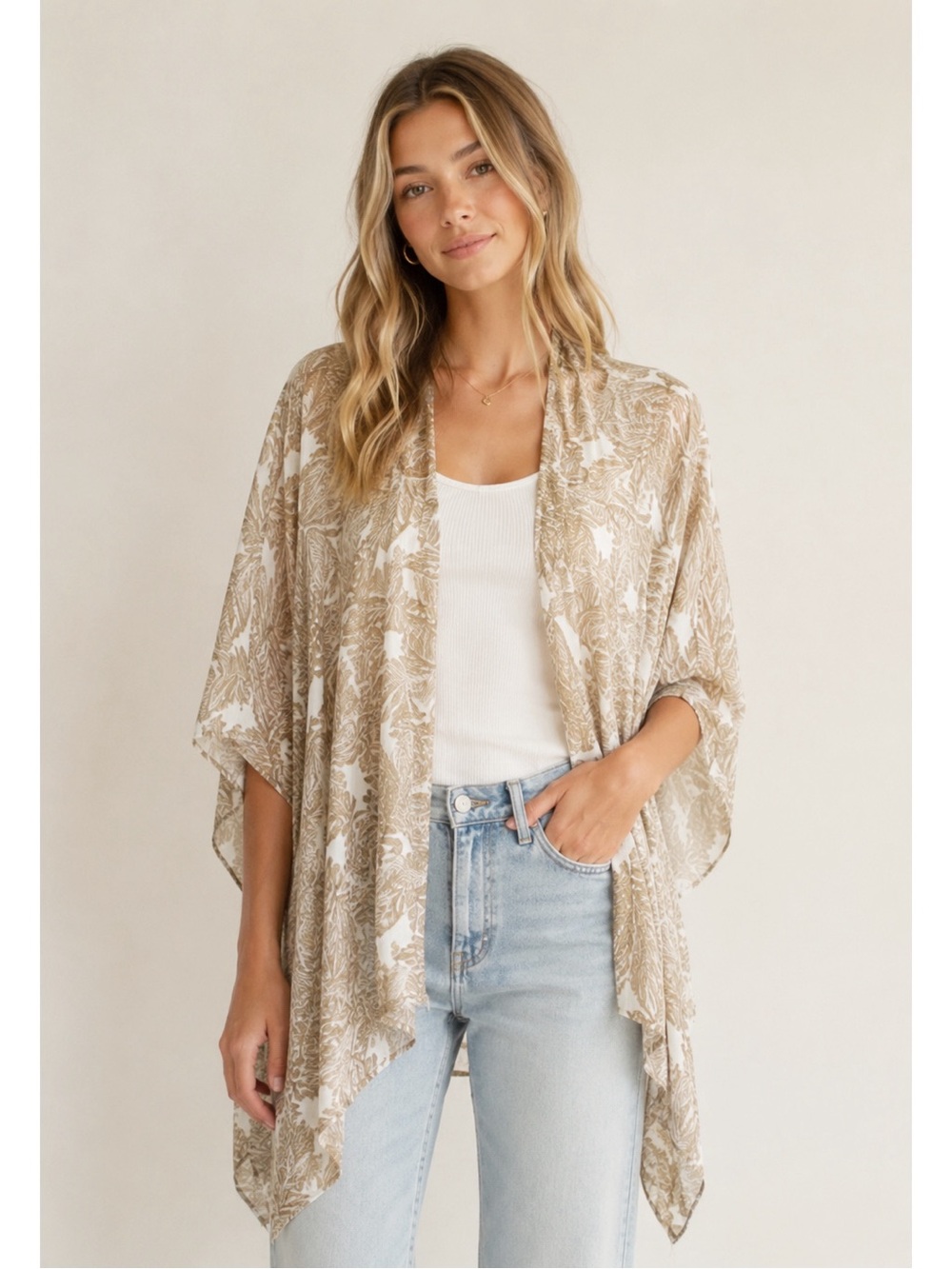 NWT Gentle Fawn Tan Botanical Tropical Light Open Kimono Cardigan ONE SIZE Boho